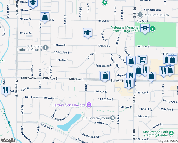 map of restaurants, bars, coffee shops, grocery stores, and more near 602 12 1/2 Avenue East in West Fargo