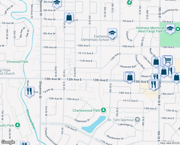map of restaurants, bars, coffee shops, grocery stores, and more near 303 12 1/2 Ave E in West Fargo