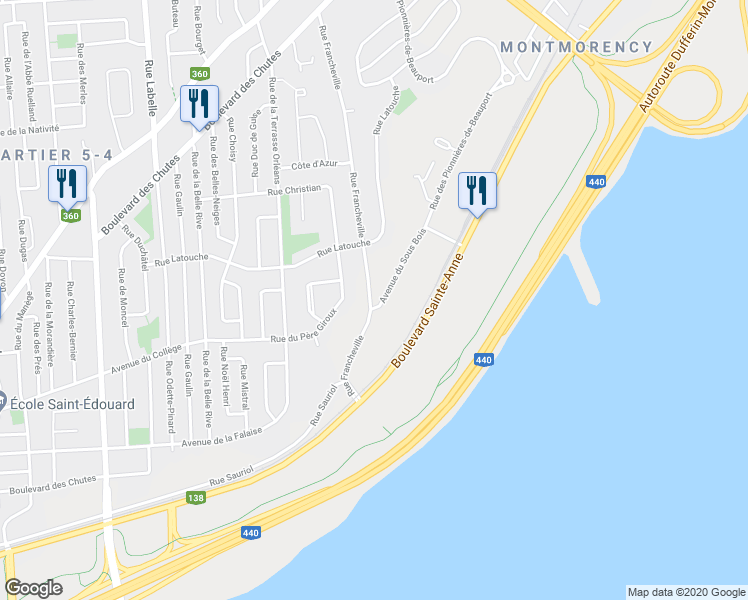 map of restaurants, bars, coffee shops, grocery stores, and more near 119 Rue Francheville in Québec
