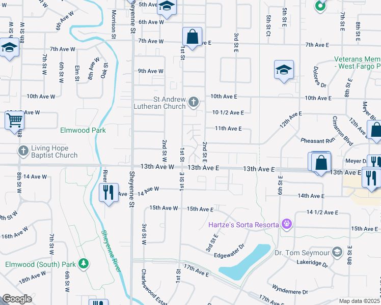 map of restaurants, bars, coffee shops, grocery stores, and more near 1207 1st Street East in West Fargo