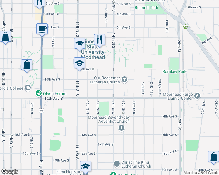 map of restaurants, bars, coffee shops, grocery stores, and more near 1334 11th Avenue South in Moorhead