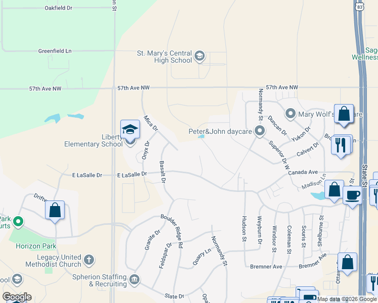 map of restaurants, bars, coffee shops, grocery stores, and more near 5353 Mica Drive in Bismarck