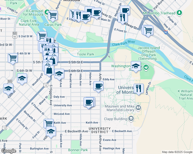 map of restaurants, bars, coffee shops, grocery stores, and more near in Missoula