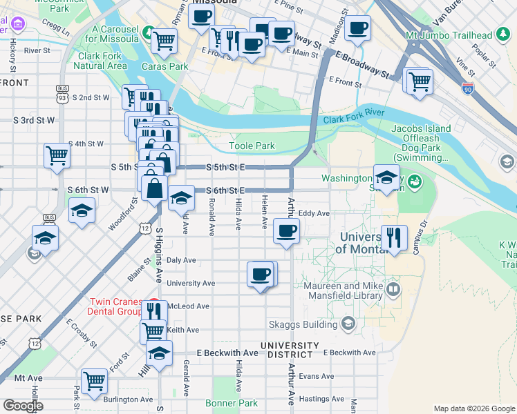 map of restaurants, bars, coffee shops, grocery stores, and more near 435 Eddy Avenue in Missoula