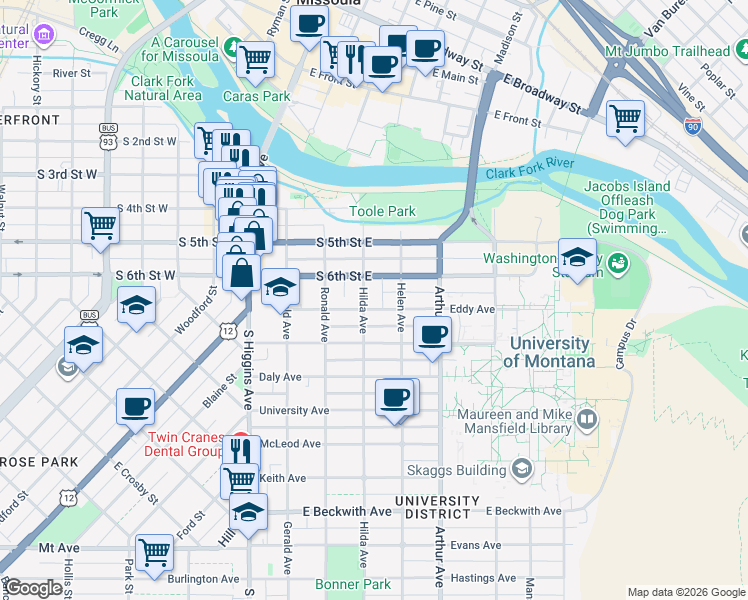 map of restaurants, bars, coffee shops, grocery stores, and more near 902 Hilda Avenue in Missoula