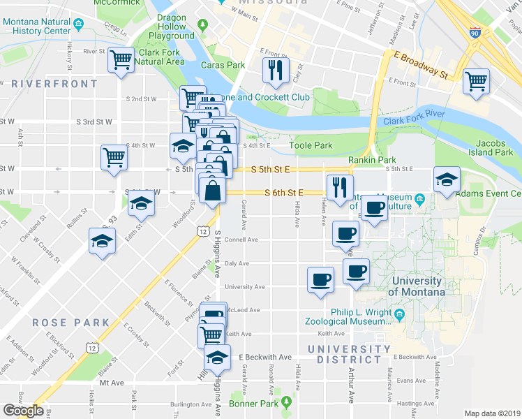 map of restaurants, bars, coffee shops, grocery stores, and more near 205 Eddy Avenue in Missoula