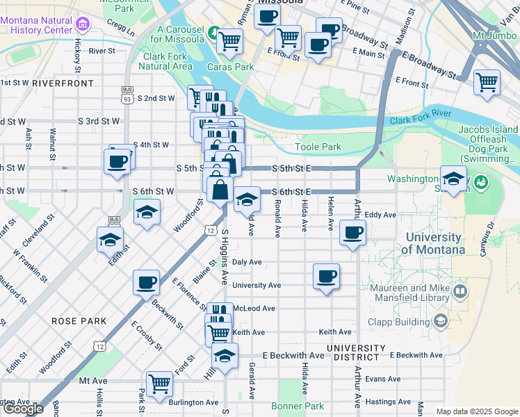 map of restaurants, bars, coffee shops, grocery stores, and more near 205 Eddy Avenue in Missoula