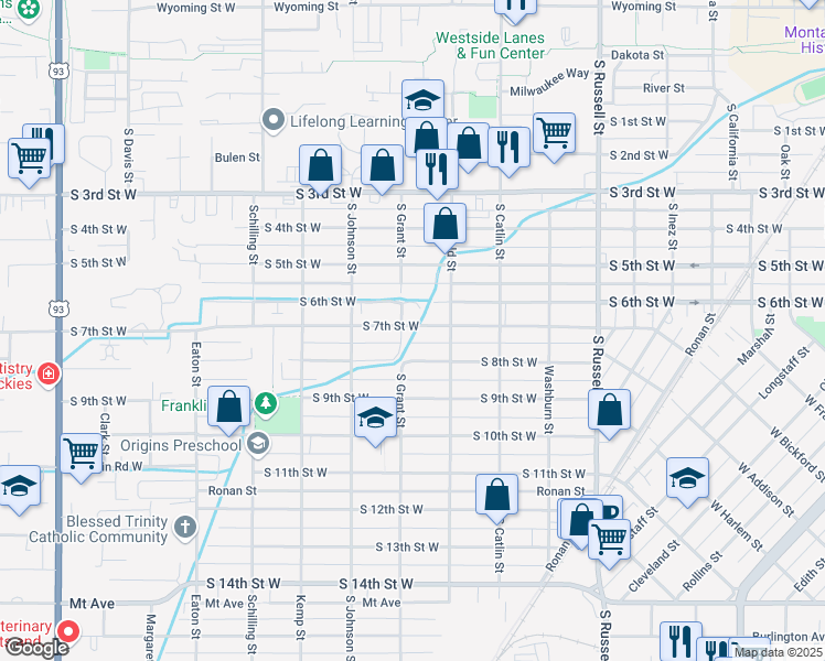 map of restaurants, bars, coffee shops, grocery stores, and more near 1841 South 7th Street West in Missoula