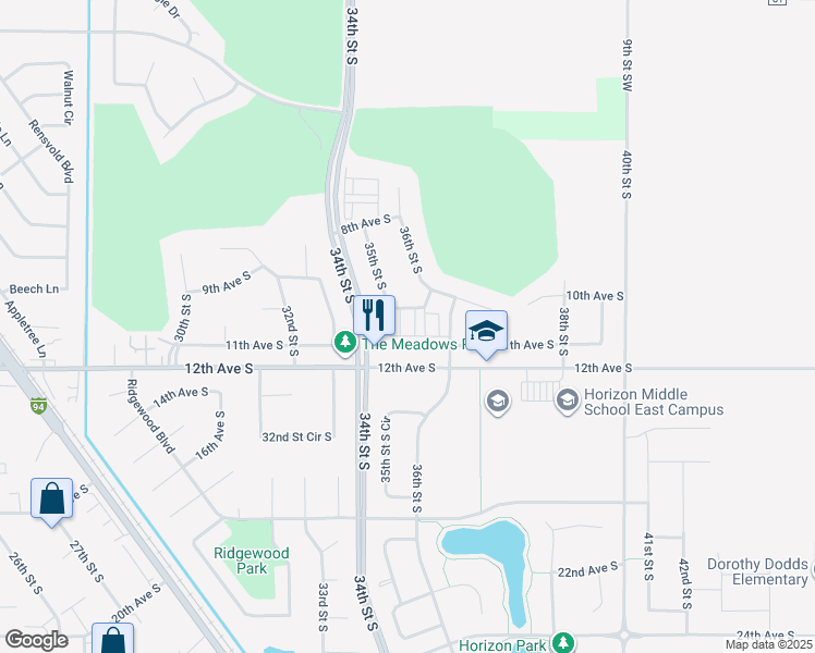 map of restaurants, bars, coffee shops, grocery stores, and more near 3510 12th Avenue South in Moorhead