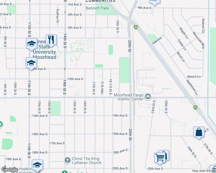 map of restaurants, bars, coffee shops, grocery stores, and more near 1106 18th Street South in Moorhead