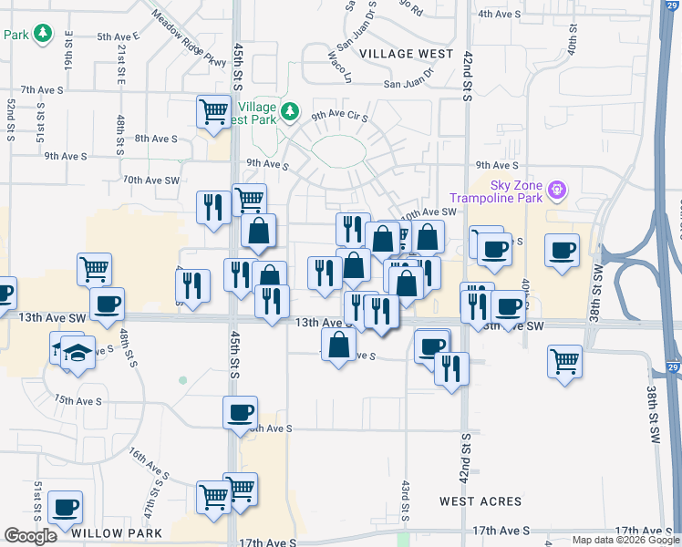 map of restaurants, bars, coffee shops, grocery stores, and more near 4325 13th Avenue South in Fargo