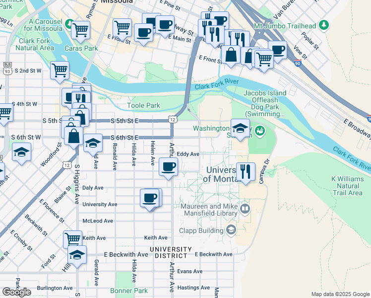 map of restaurants, bars, coffee shops, grocery stores, and more near 626 Eddy Avenue in Missoula