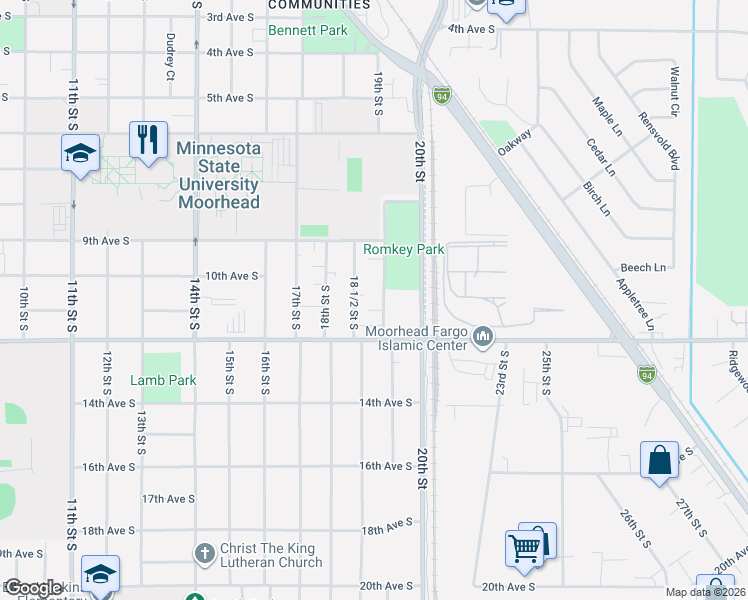 map of restaurants, bars, coffee shops, grocery stores, and more near 1107 19th Street South in Moorhead