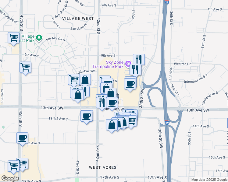map of restaurants, bars, coffee shops, grocery stores, and more near in Fargo
