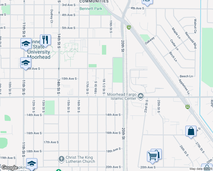 map of restaurants, bars, coffee shops, grocery stores, and more near 1010 18 1/2 Street South in Moorhead
