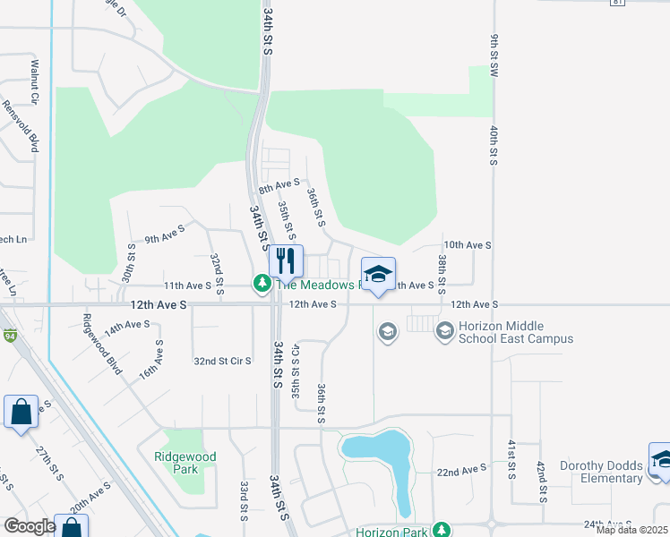 map of restaurants, bars, coffee shops, grocery stores, and more near 3515 10th Avenue South in Moorhead