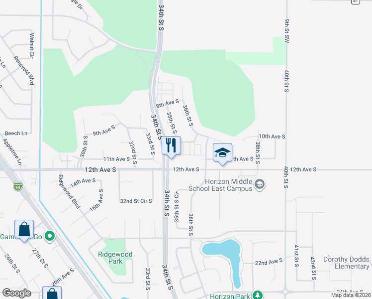 map of restaurants, bars, coffee shops, grocery stores, and more near 3507 10th Avenue South in Moorhead