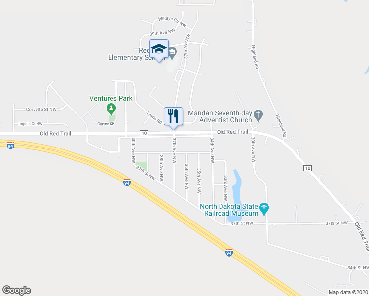 map of restaurants, bars, coffee shops, grocery stores, and more near 3701 42nd Street Northwest in Mandan