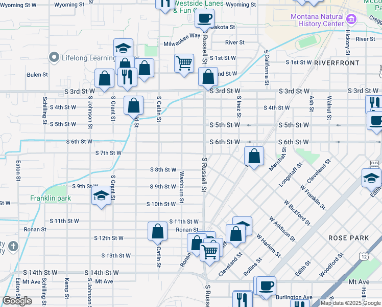 map of restaurants, bars, coffee shops, grocery stores, and more near 1538 South 8th Street West in Missoula