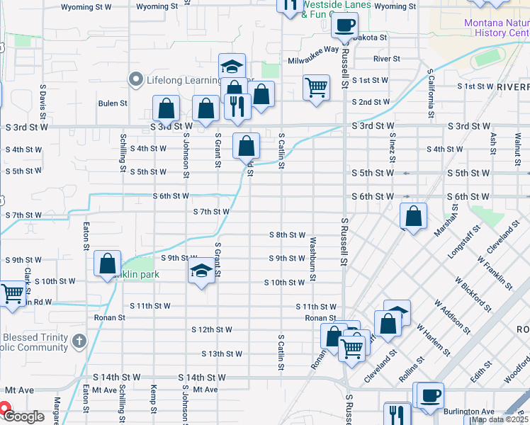 map of restaurants, bars, coffee shops, grocery stores, and more near 910 South Garfield Street in Missoula