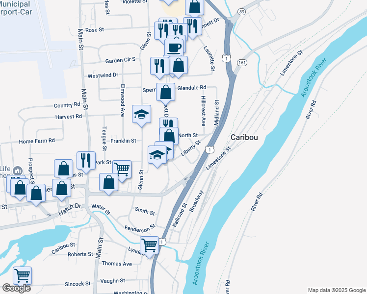 map of restaurants, bars, coffee shops, grocery stores, and more near 3 Veronica Street in Caribou