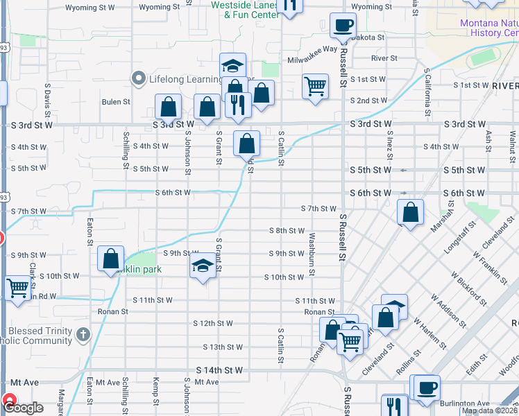map of restaurants, bars, coffee shops, grocery stores, and more near 910 South Garfield Street in Missoula