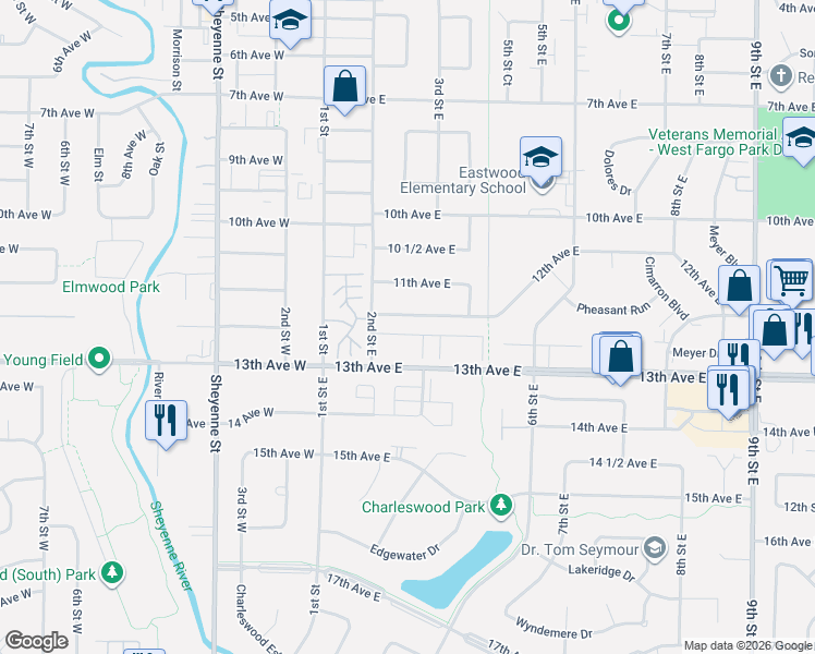 map of restaurants, bars, coffee shops, grocery stores, and more near 227 12 1/2 Avenue East in West Fargo