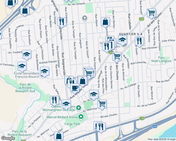 map of restaurants, bars, coffee shops, grocery stores, and more near 55 Rue de l'Avenir in Québec