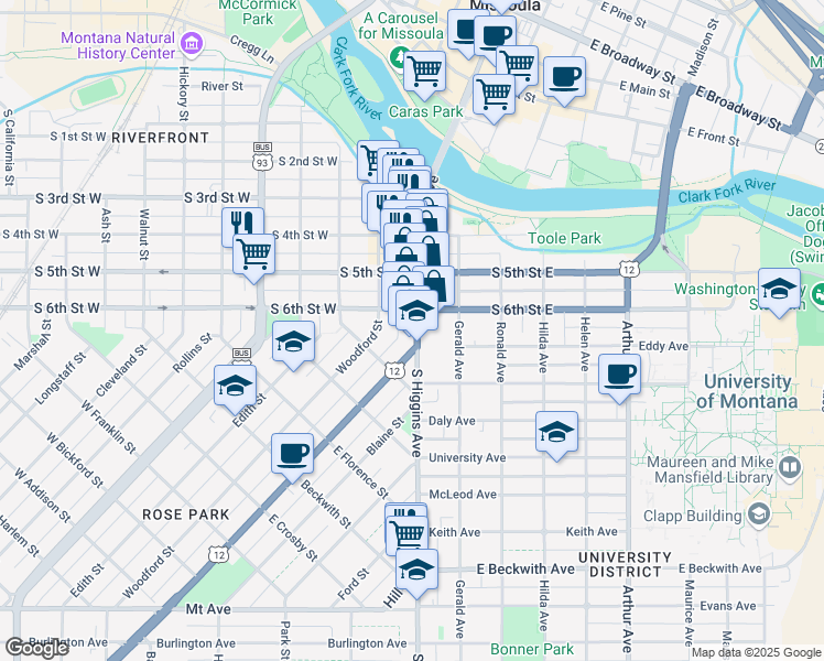 map of restaurants, bars, coffee shops, grocery stores, and more near 900-998 South Higgins Avenue in Missoula