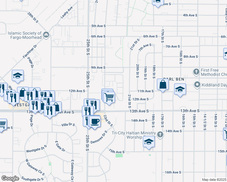 map of restaurants, bars, coffee shops, grocery stores, and more near 2233 12th Avenue South in Fargo