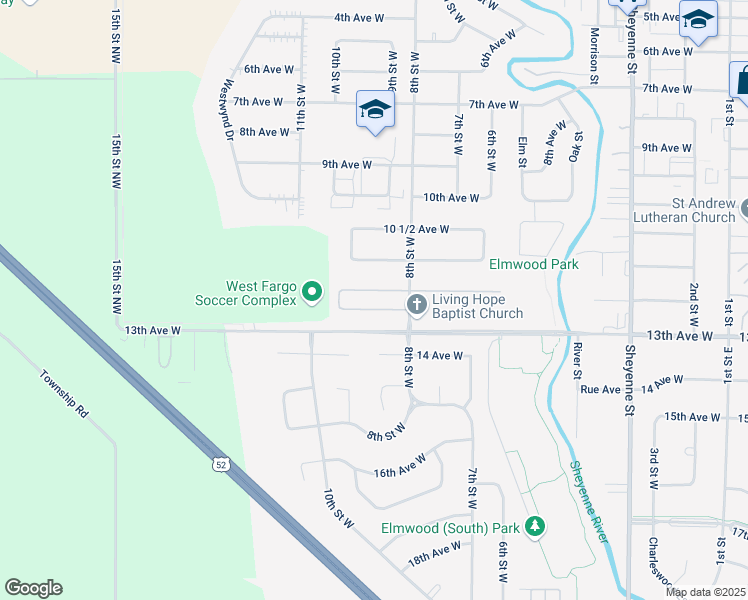map of restaurants, bars, coffee shops, grocery stores, and more near 835 12 1/2 Avenue West in West Fargo
