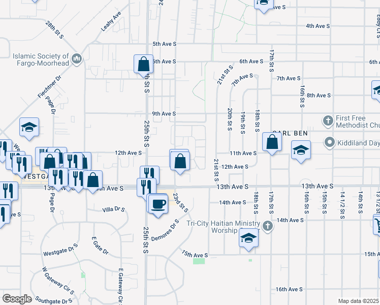 map of restaurants, bars, coffee shops, grocery stores, and more near 2233 12th Avenue South in Fargo