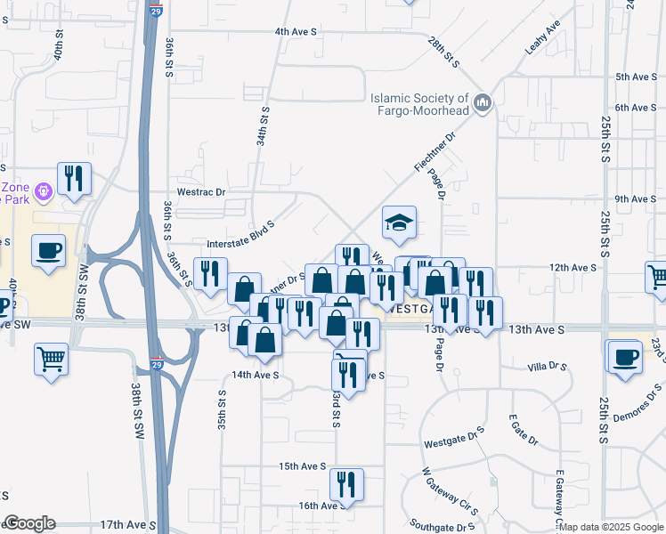 map of restaurants, bars, coffee shops, grocery stores, and more near 1158-1186 Nodak Dr in Fargo