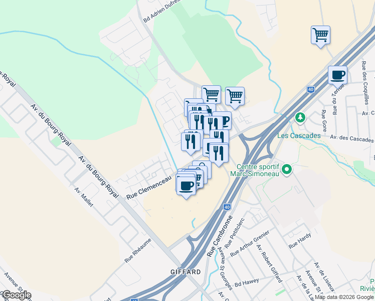map of restaurants, bars, coffee shops, grocery stores, and more near 3455 Rue Clemenceau in Québec