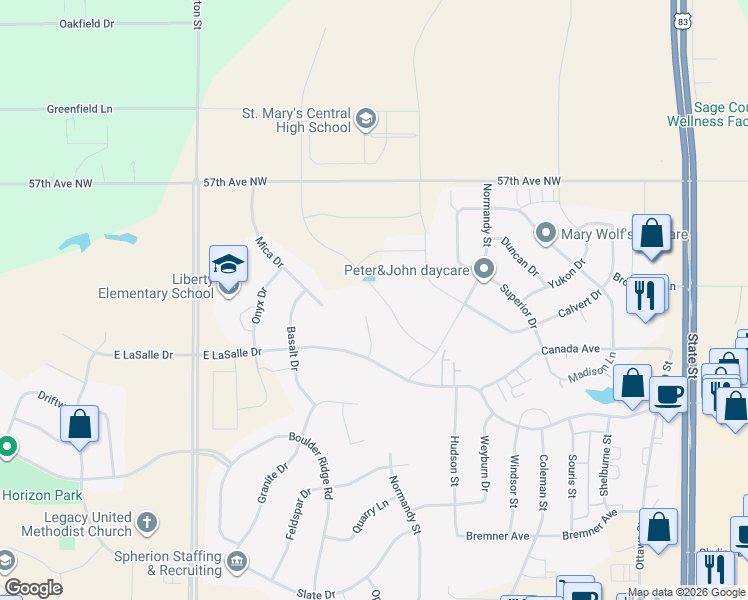 map of restaurants, bars, coffee shops, grocery stores, and more near 5305 Mica Drive in Bismarck