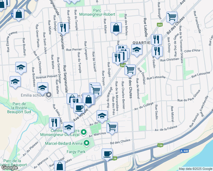 map of restaurants, bars, coffee shops, grocery stores, and more near in Québec