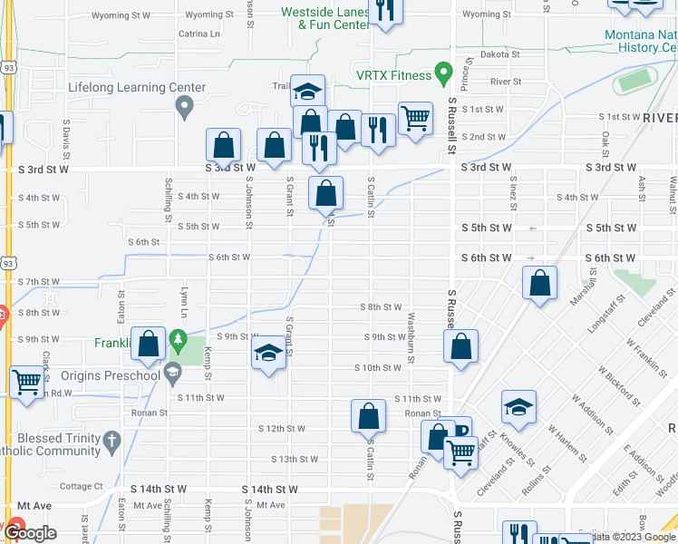 map of restaurants, bars, coffee shops, grocery stores, and more near 1744 South 7th Street West in Missoula