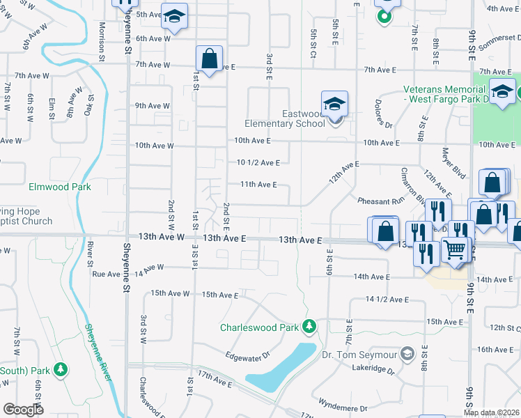 map of restaurants, bars, coffee shops, grocery stores, and more near 279-303 12 1/2 Ave E in West Fargo