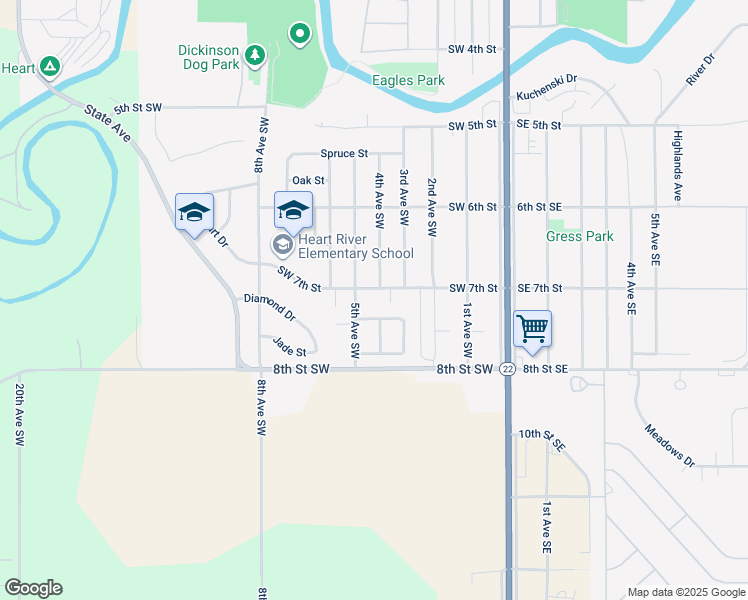 map of restaurants, bars, coffee shops, grocery stores, and more near 375 Ruby Street in Dickinson