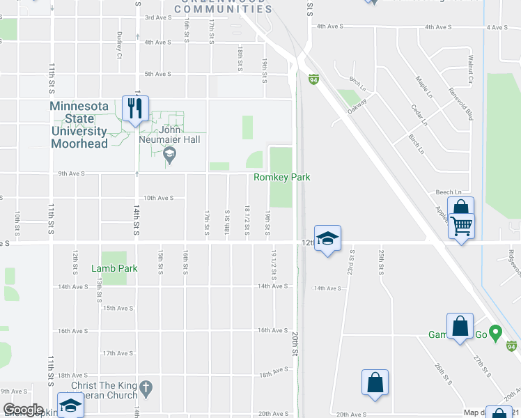 map of restaurants, bars, coffee shops, grocery stores, and more near 1107 19th Street South in Moorhead