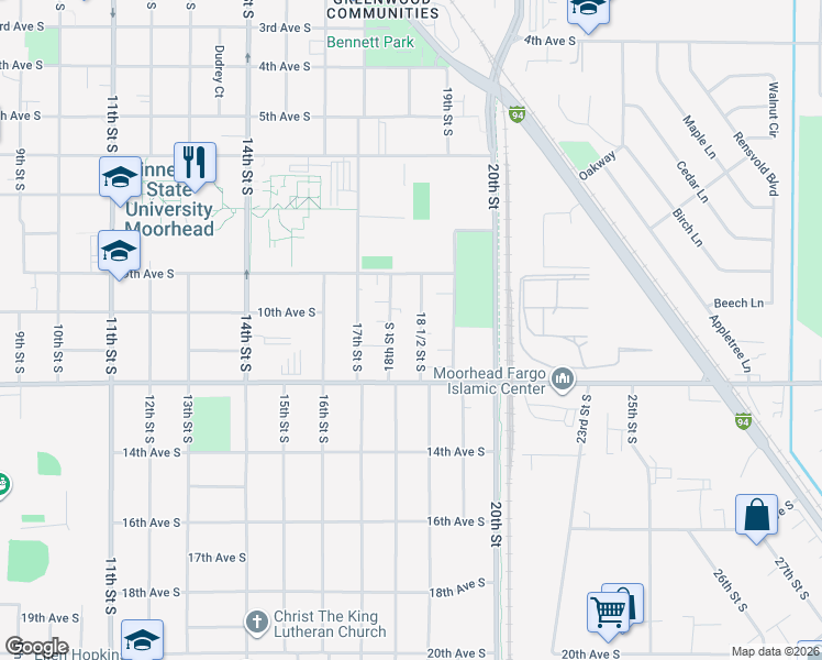 map of restaurants, bars, coffee shops, grocery stores, and more near 1106 18th Street South in Moorhead