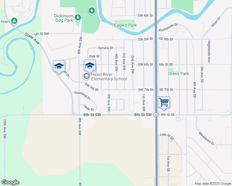 map of restaurants, bars, coffee shops, grocery stores, and more near 401 Southwest 7th Street in Dickinson