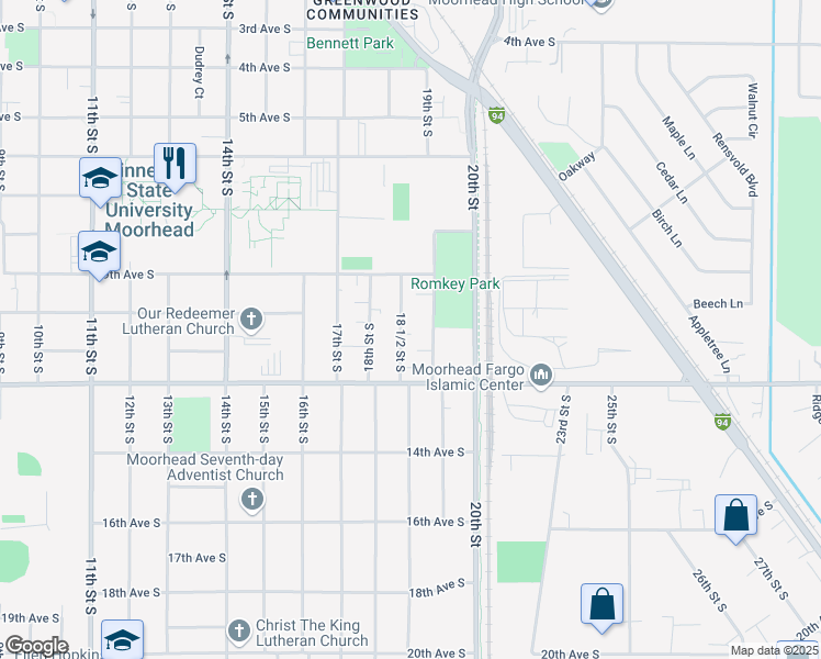 map of restaurants, bars, coffee shops, grocery stores, and more near 1006 18 1/2 Street South in Moorhead