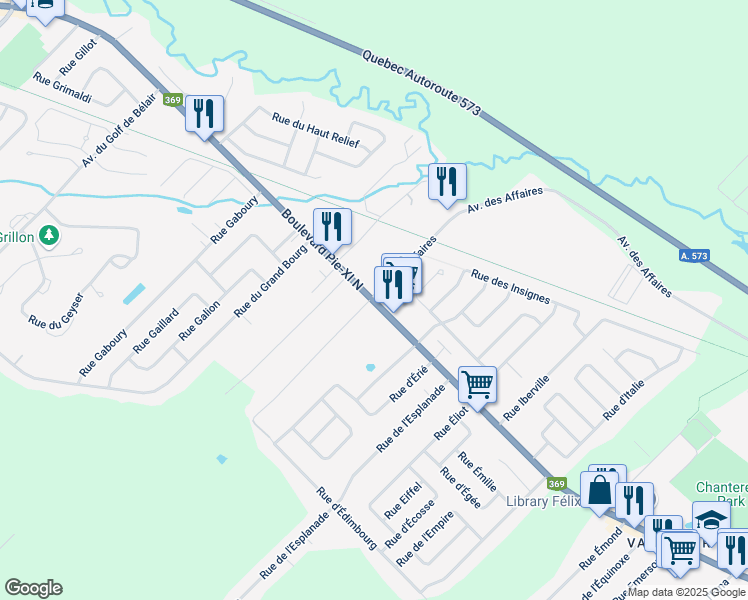 map of restaurants, bars, coffee shops, grocery stores, and more near 1451 Avenue des Affaires in Quebec