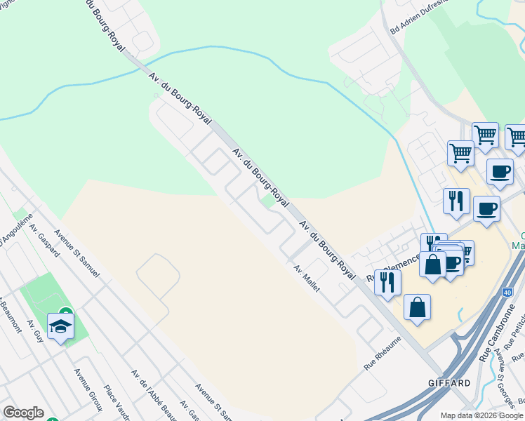 map of restaurants, bars, coffee shops, grocery stores, and more near 3321 Avenue Mallet in Québec