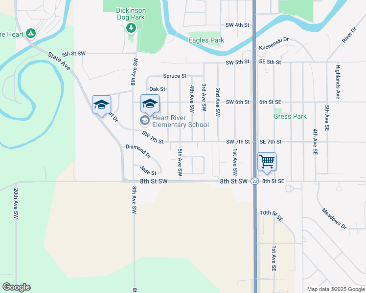 map of restaurants, bars, coffee shops, grocery stores, and more near 463 Southwest 7th Street in Dickinson