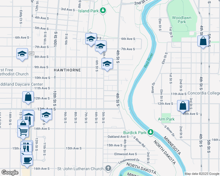 map of restaurants, bars, coffee shops, grocery stores, and more near 1106 5th Street South in Fargo