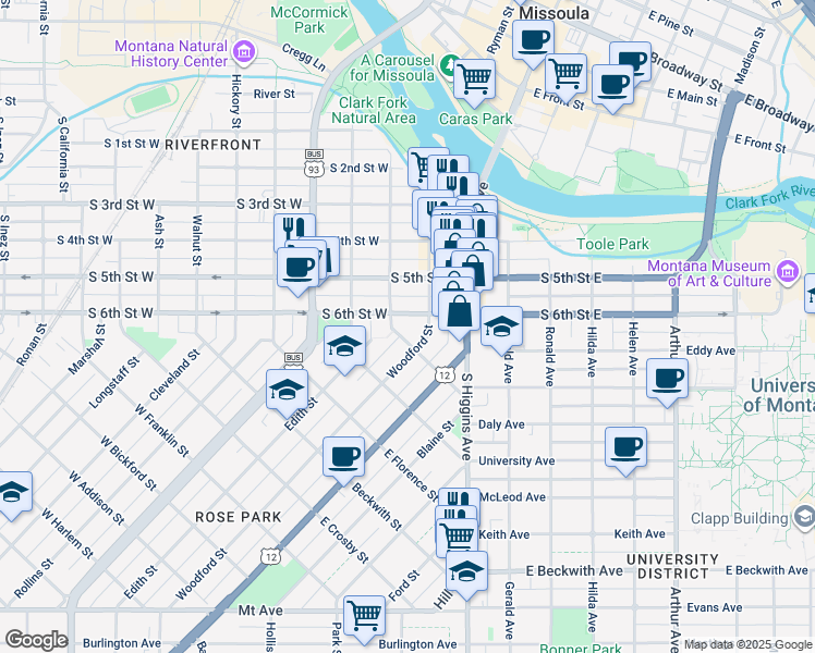 map of restaurants, bars, coffee shops, grocery stores, and more near 215 South 6th Street West in Missoula