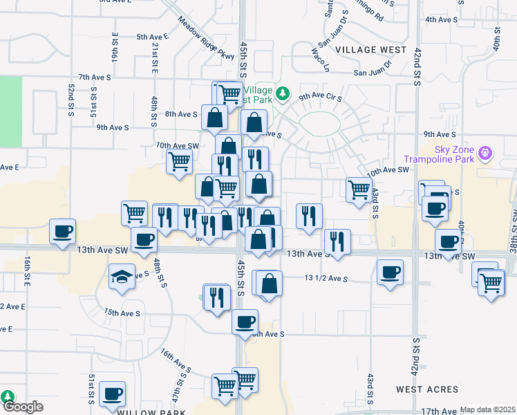 map of restaurants, bars, coffee shops, grocery stores, and more near 4427 13th Avenue South in Fargo