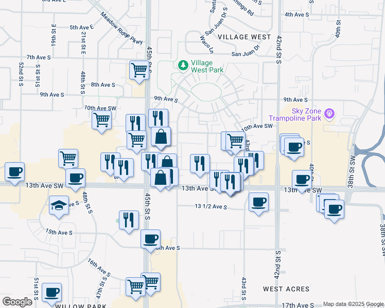 map of restaurants, bars, coffee shops, grocery stores, and more near 1112 44th Street South in Fargo